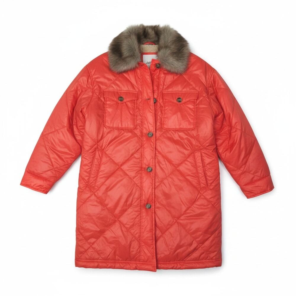 Aerie XS Bright Orange Long Puffer Parka Fleece Lined Faux Fur Collar Outdoor